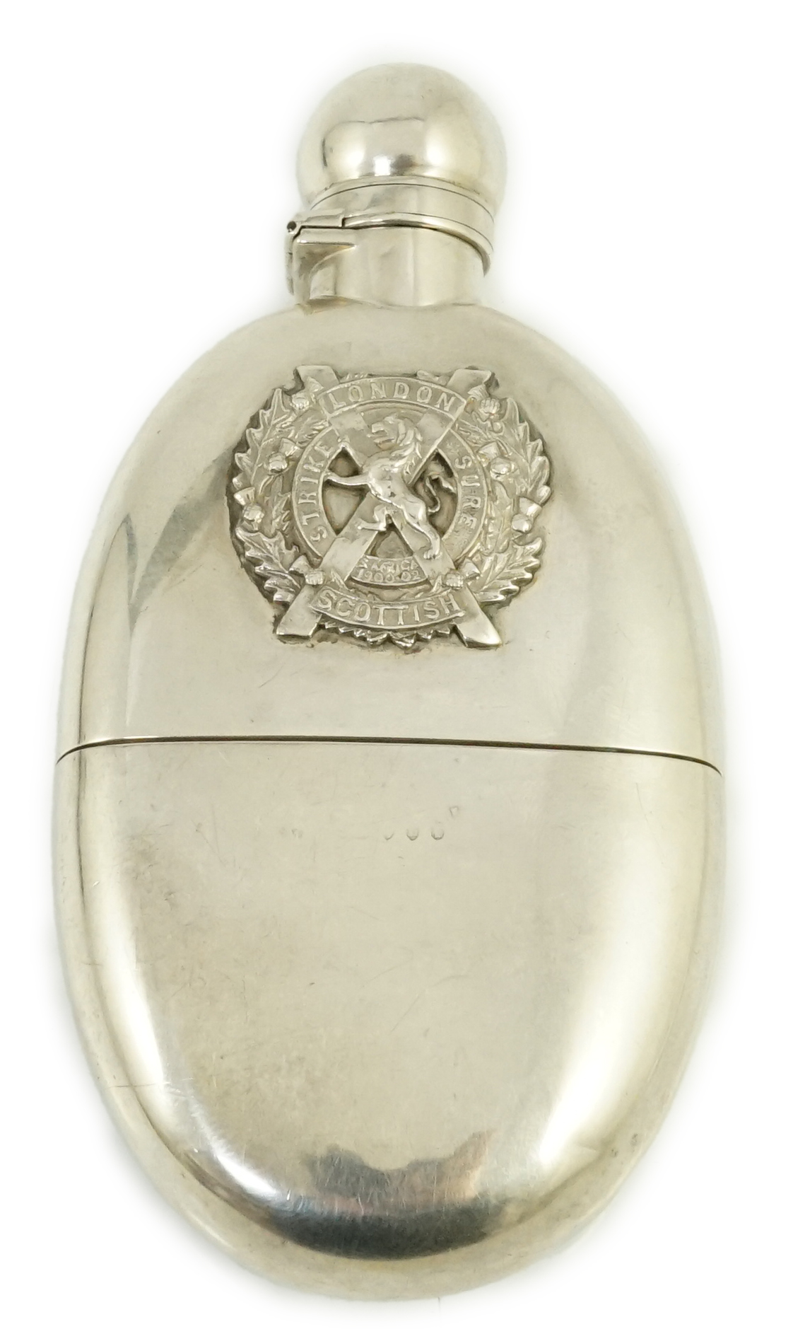 The London Scottish Rifles. A Victorian silver hip flask, Frederick Bradford McCrea, London, 1886